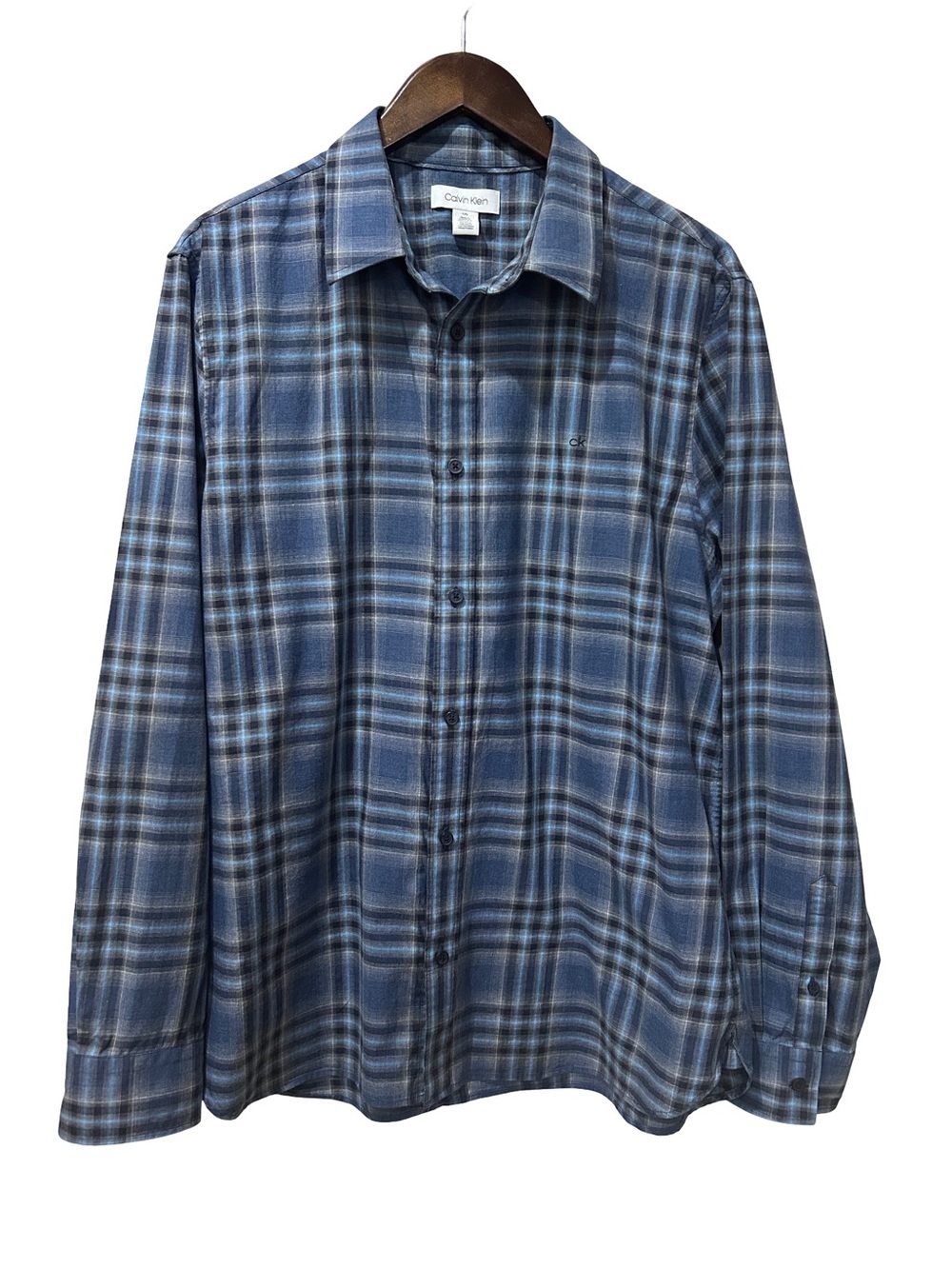Calvin Klein Blue Plaid Button Front Shirt 100% Cotton Size Large